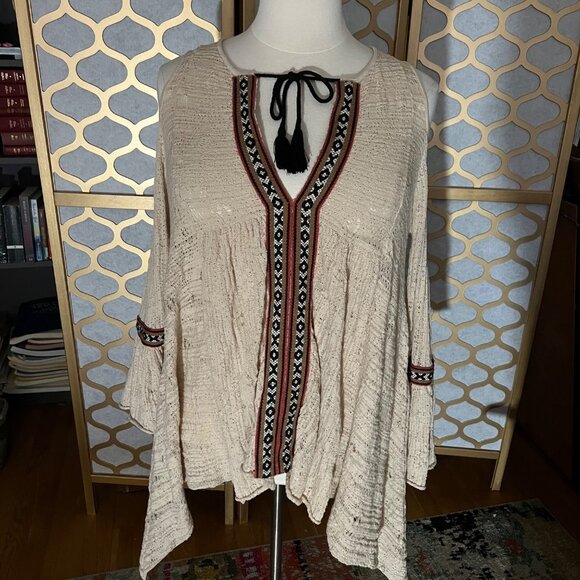 Free People Size S Beige For The Love of Flowers Boho Cold Shoulder Tunic Top - Picture 3 of 16